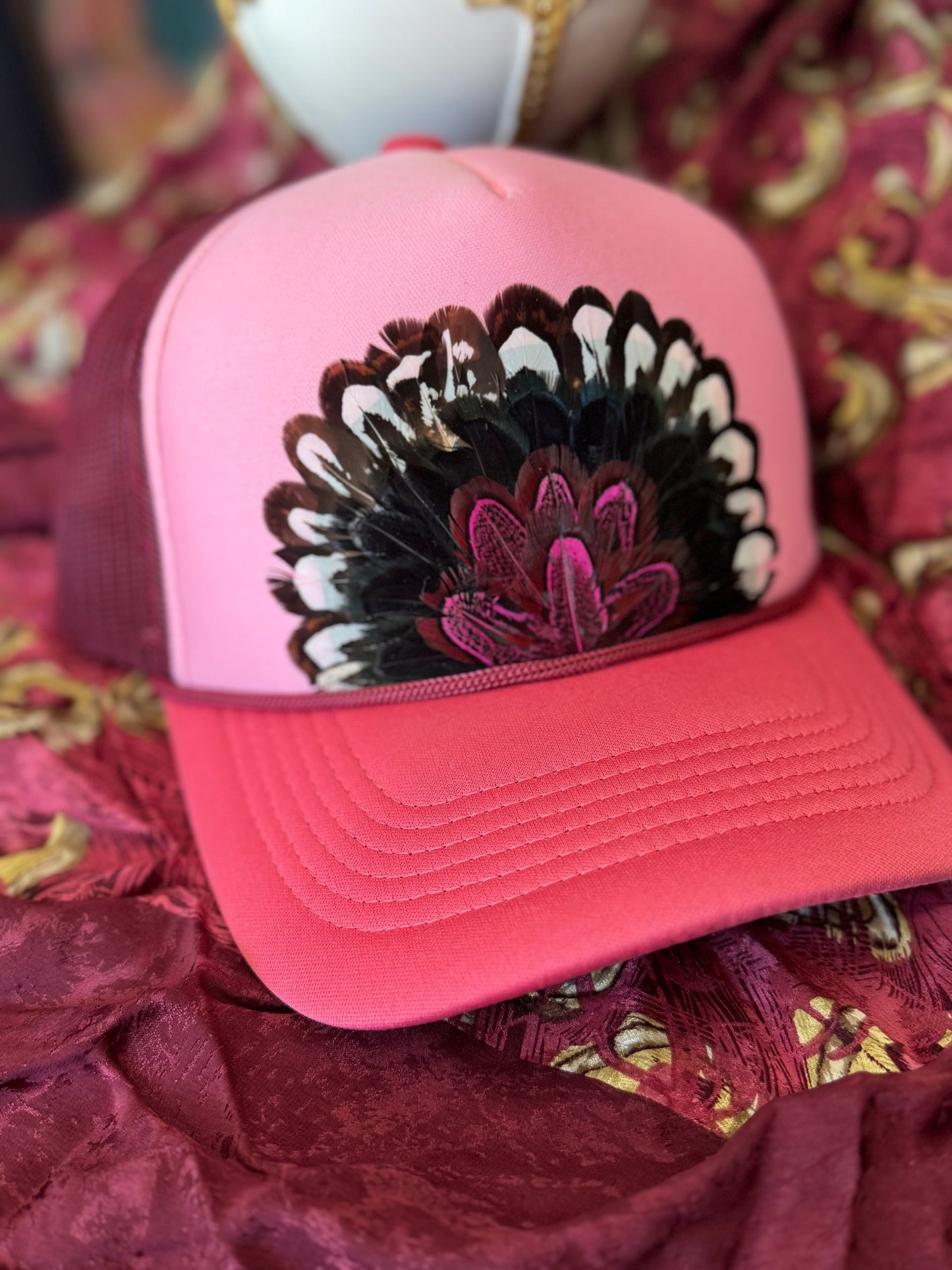 Passion Pink Camo Feather Trucker