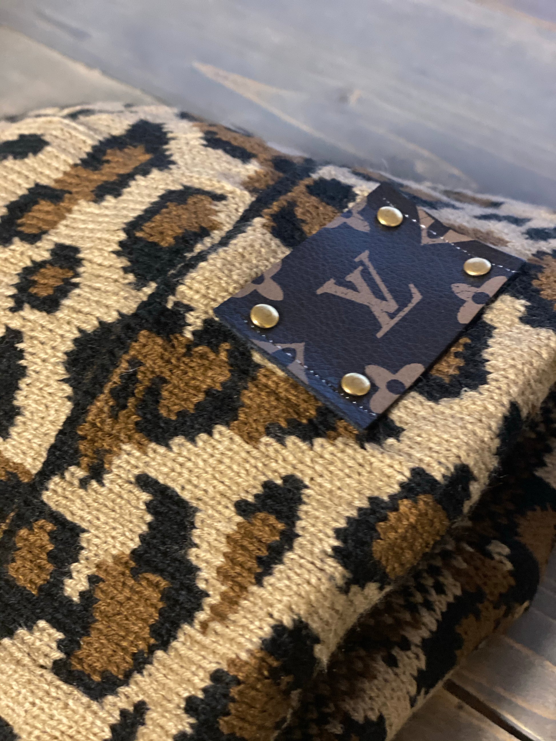 Tan Leopard Fur Pom Pom Re-purposed Lv Patch Beanie - $51